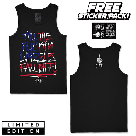 Black tank top with multicolor urban graphic print on the front, crew neck style