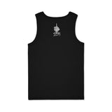 Black tank top with small white logo print on the upper back