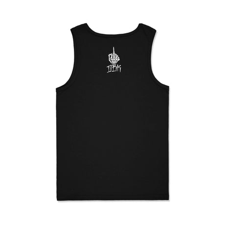 Black tank top with small white logo print on the upper back
