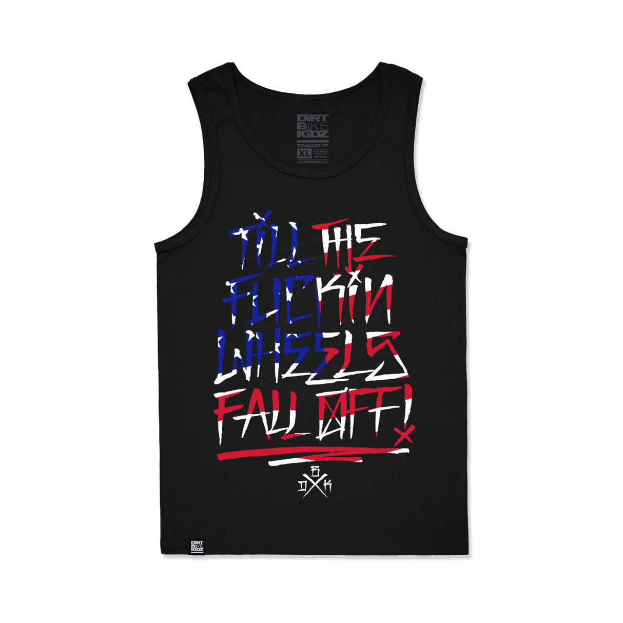 Black sleeveless tank top with multicolor urban graphic print on the front