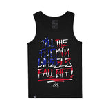 Black sleeveless tank top with multicolor urban graphic print on the front