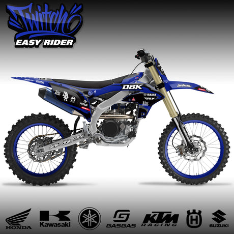 Blue/black moto bike with DBK decals, Easy Rider graphics, knobby tires