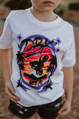 Youth girls white graphic T-shirt with close-up front print of a motorcycle silhouette