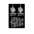 Sticker pack sheet with two white raised-finger hand designs and graffiti text on black