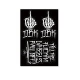 Sticker pack sheet with two white raised-finger hand designs and graffiti text on black