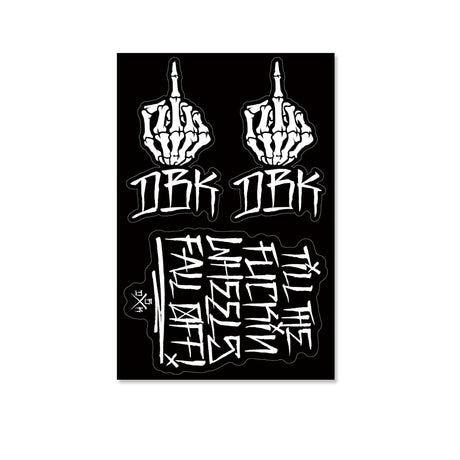 Sticker pack sheet with two white raised-finger hand designs and graffiti text on black