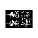 Sticker pack sheet with two left hands, stacked glyphs, and graffiti words on black