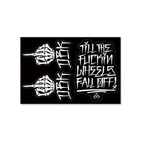 Sticker pack sheet with two left hands, stacked glyphs, and graffiti words on black