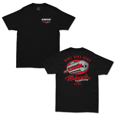 Black Factory Tee front and back showing DBK Motorcycle and red “DIRT BIKE KIDZ” text.