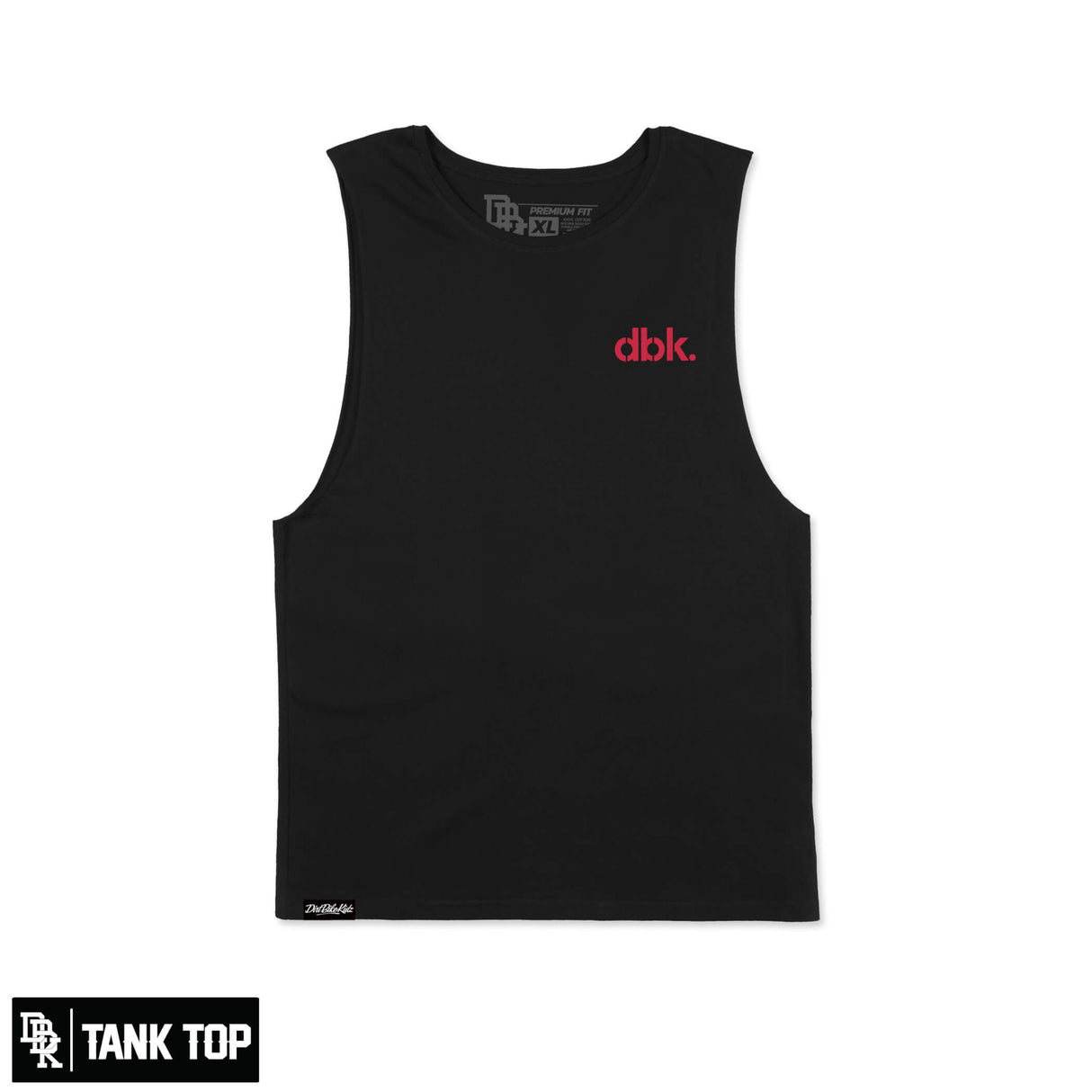 Black tank top with red dbk. logo on the chest and crew neckline tag detail