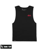 Black tank top with red dbk. logo on the chest and crew neckline tag detail
