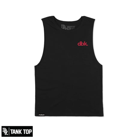 Black tank top with red dbk. logo on the chest and crew neckline tag detail