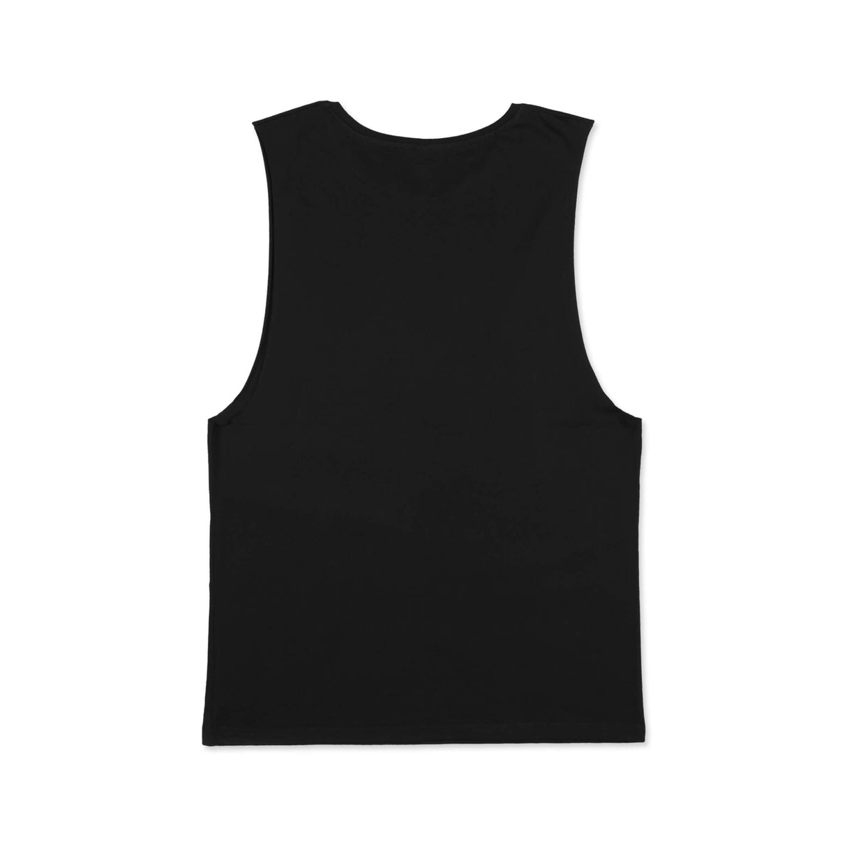 Black tank top back view with crew neckline and plain fabric surface