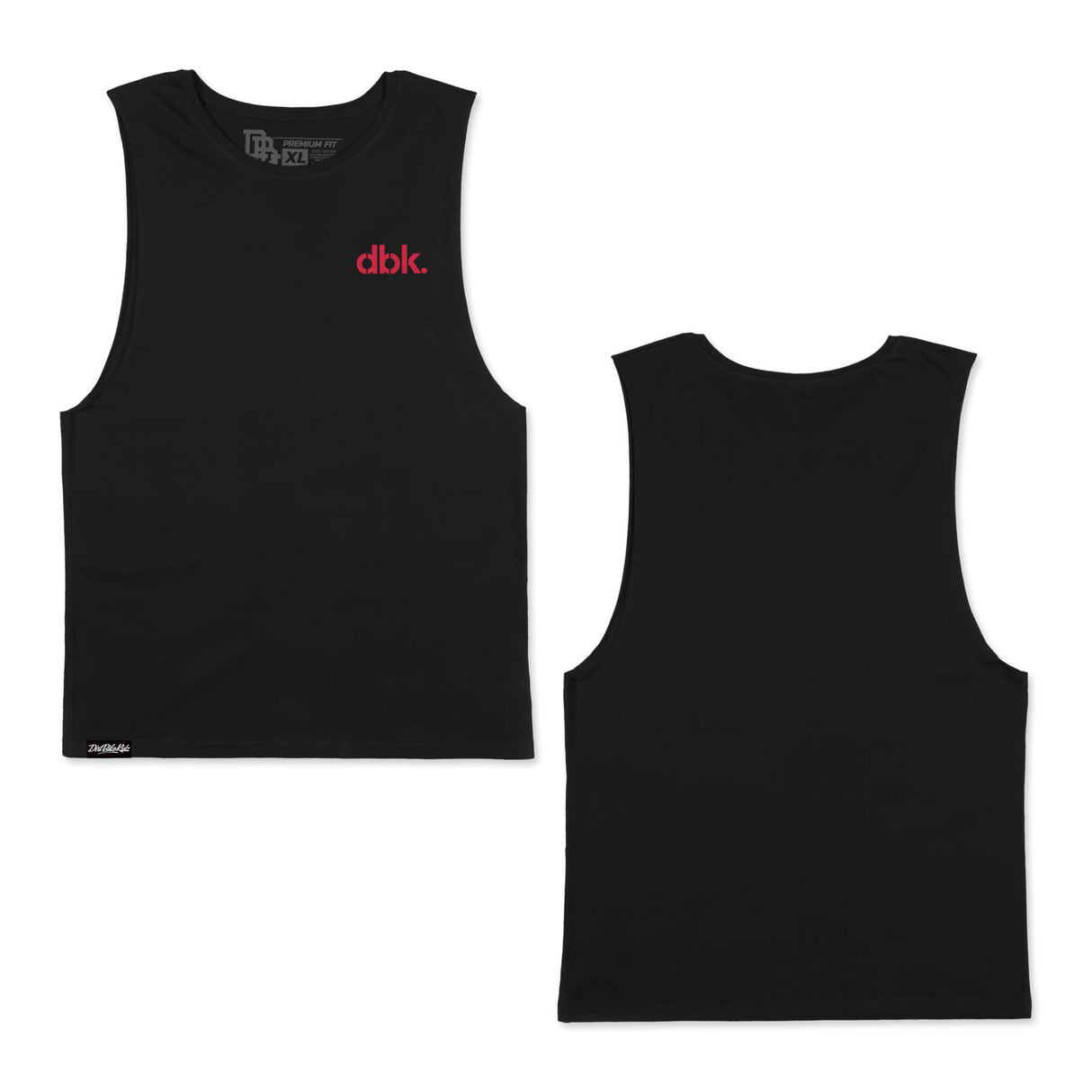 Black tank top front and back pair, crew neckline with small dbk. logo