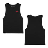 Black tank top front and back pair, crew neckline with small dbk. logo