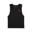 Black tank top front view with small red dbk. logo on the chest and crew neckline