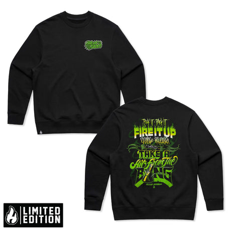 Hillside Burners Fire It Up Crew: schwarzes Sweatshirt, grünes Logo auf der Brust