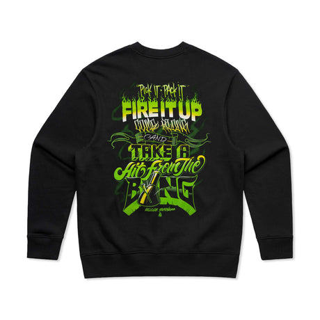 Schwarzer Crewneck mit großem grünem Rückenprint „Fire It Up“