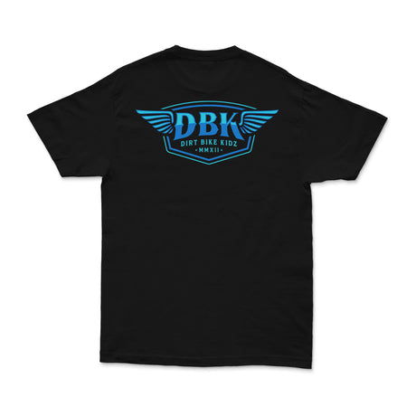 Black T-shirt front view with centered blue DBK logo graphic.