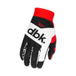 Motorcycle gloves with red cuff, black back, and white palm panel with dbk logo.