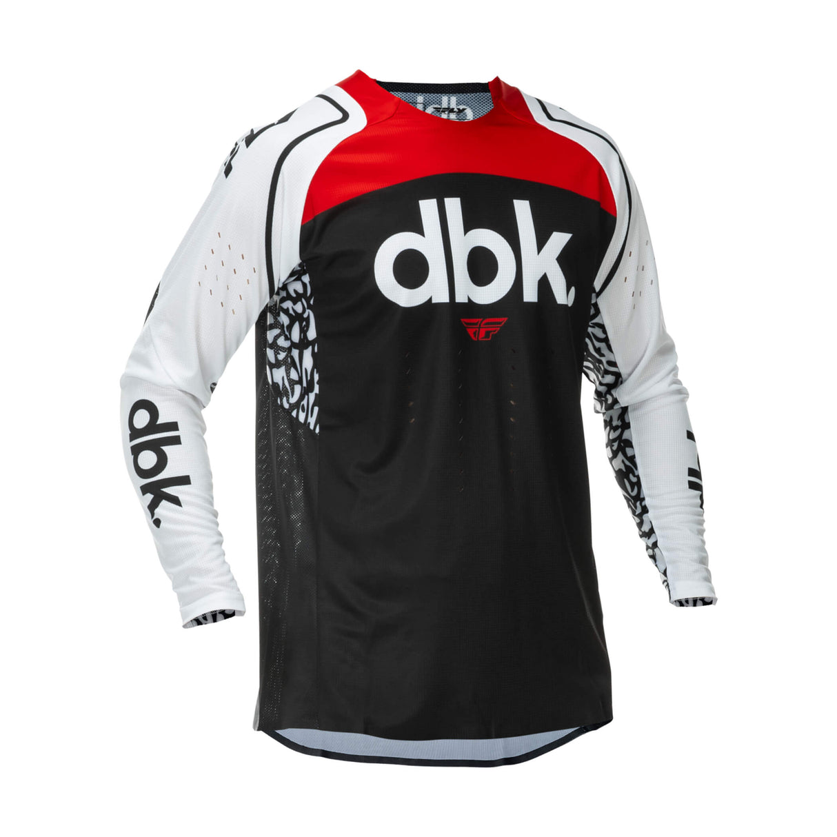 Motorcycle jersey with black front, red yoke, white sleeves, and dbk logo
