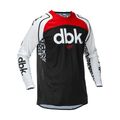 Motorcycle jersey with black front, red yoke, white sleeves, and dbk logo