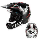 Youth motocross helmet with black, white, and red graphics, front visor, and chin strap.