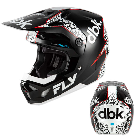 Youth motocross helmet with black, white, and red graphics, front visor, and chin strap.