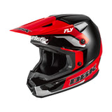 Motorcycle helmet with red and black shell, silver accents, chin guard and vents