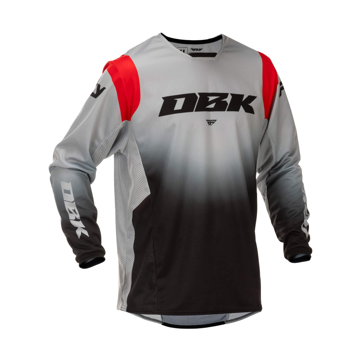 Motocross jersey in light gray and black with red shoulder accents and DBK logo at chest