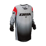 Youth motocross jersey in light gray/white with red sleeves and black lower panels, long sleeves