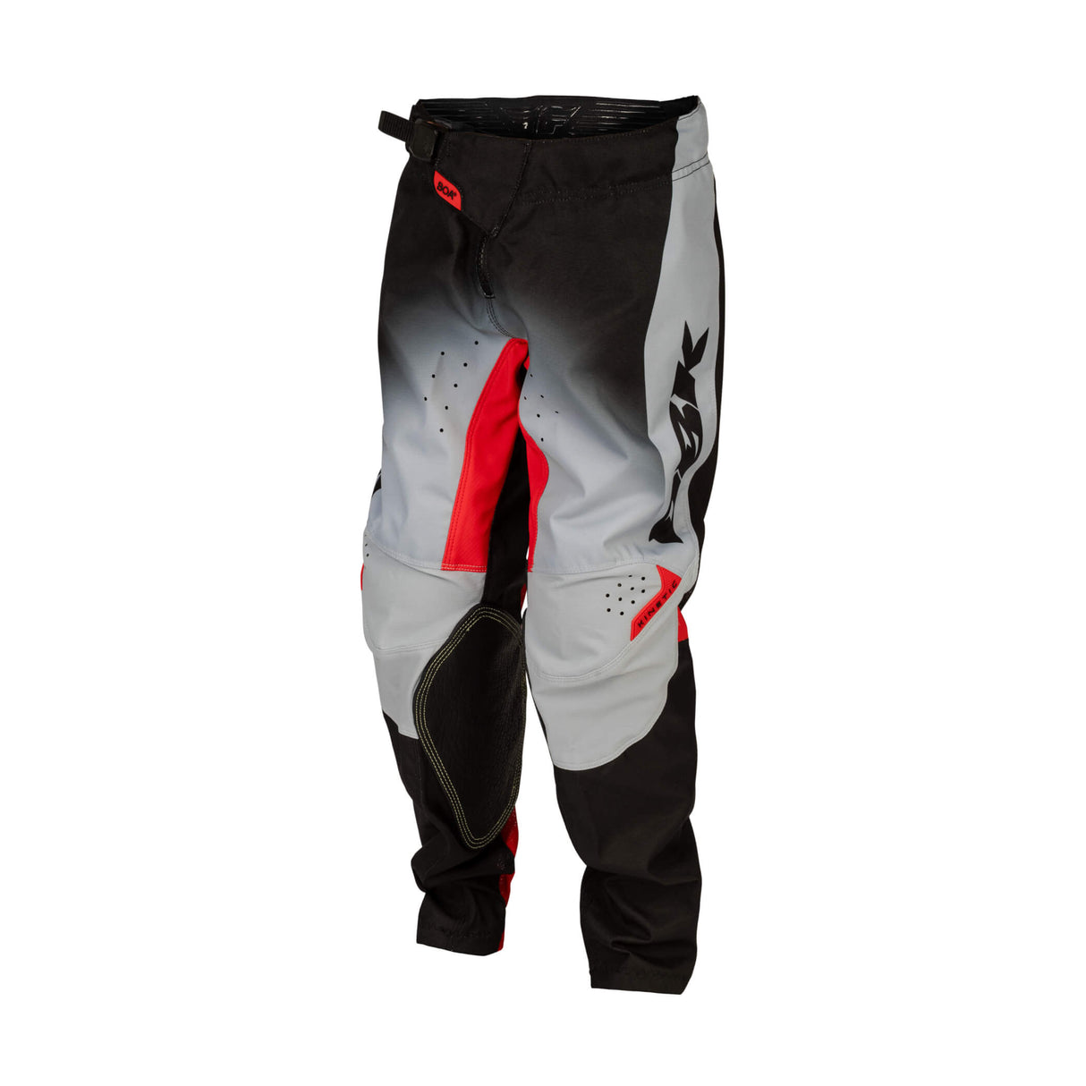 Youth motocross pants, black and light gray with red panels and knee patch