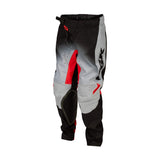 Youth motocross pants, black and light gray with red panels and knee patch