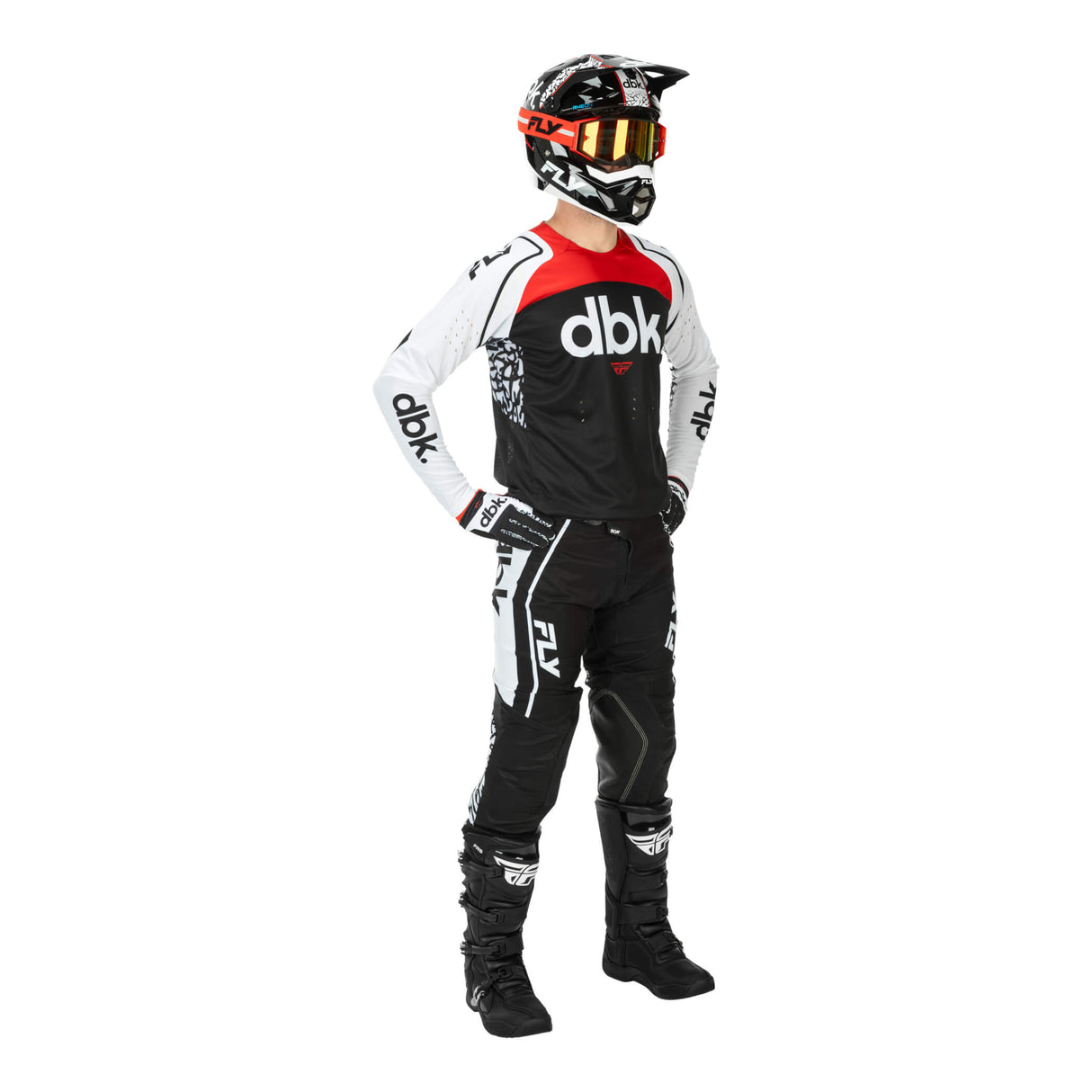 Motorcycle pant, black with white side graphics and patterned lower-leg panels