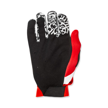Youth motocross glove, black palm with white patterned back and red wrist panel