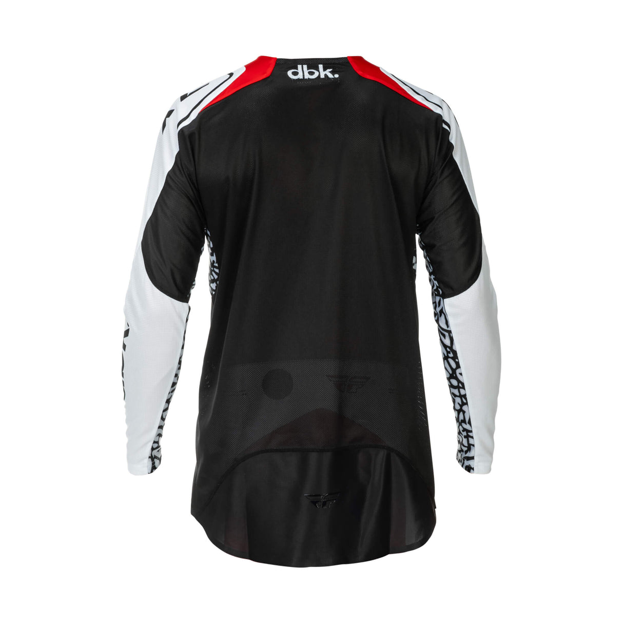 Black motorcycle jersey with red shoulder trim, white sleeve panels, and dbk logo
