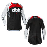 Motorcycle jersey back view: black body with red collar, white patterned sleeves, dbk mark
