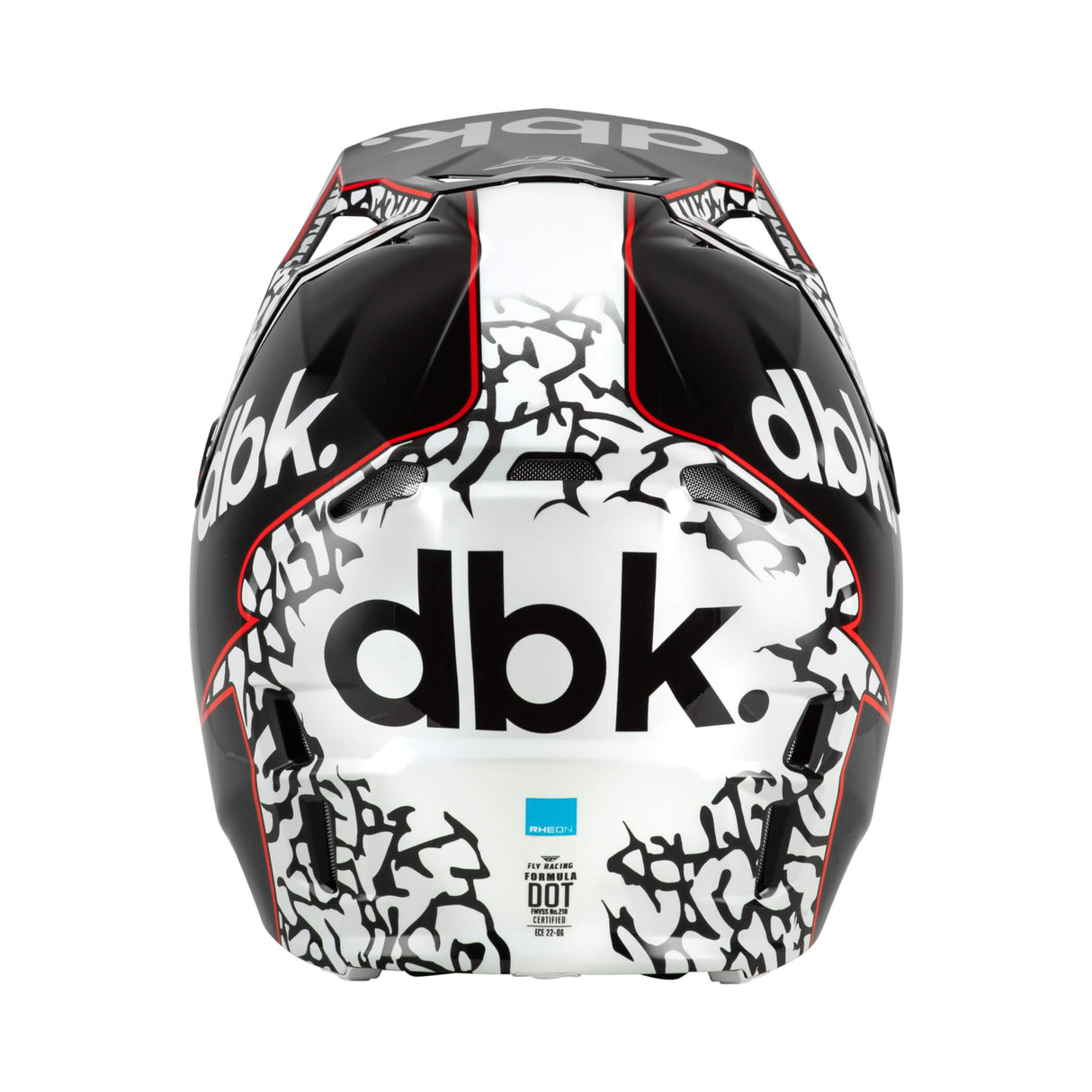 Motorcycle helmet, front view with black shell, white graphic panels, red trim