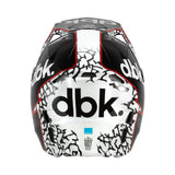 Motorcycle helmet, front view with black shell, white graphic panels, red trim