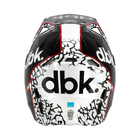 Motorcycle helmet, front view with black shell, white graphic panels, red trim