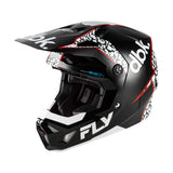 Motorcycle helmet in black with white and red graphics, front 3/4 view