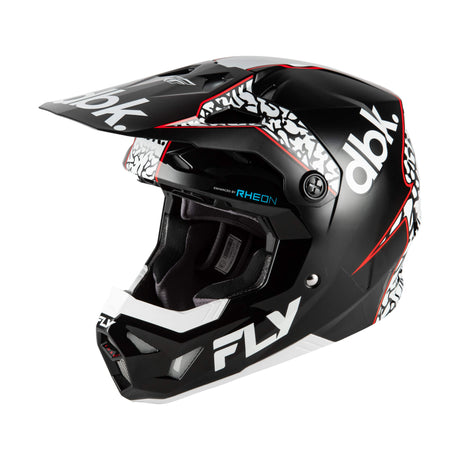 Motorcycle helmet in black with white and red graphics, front 3/4 view