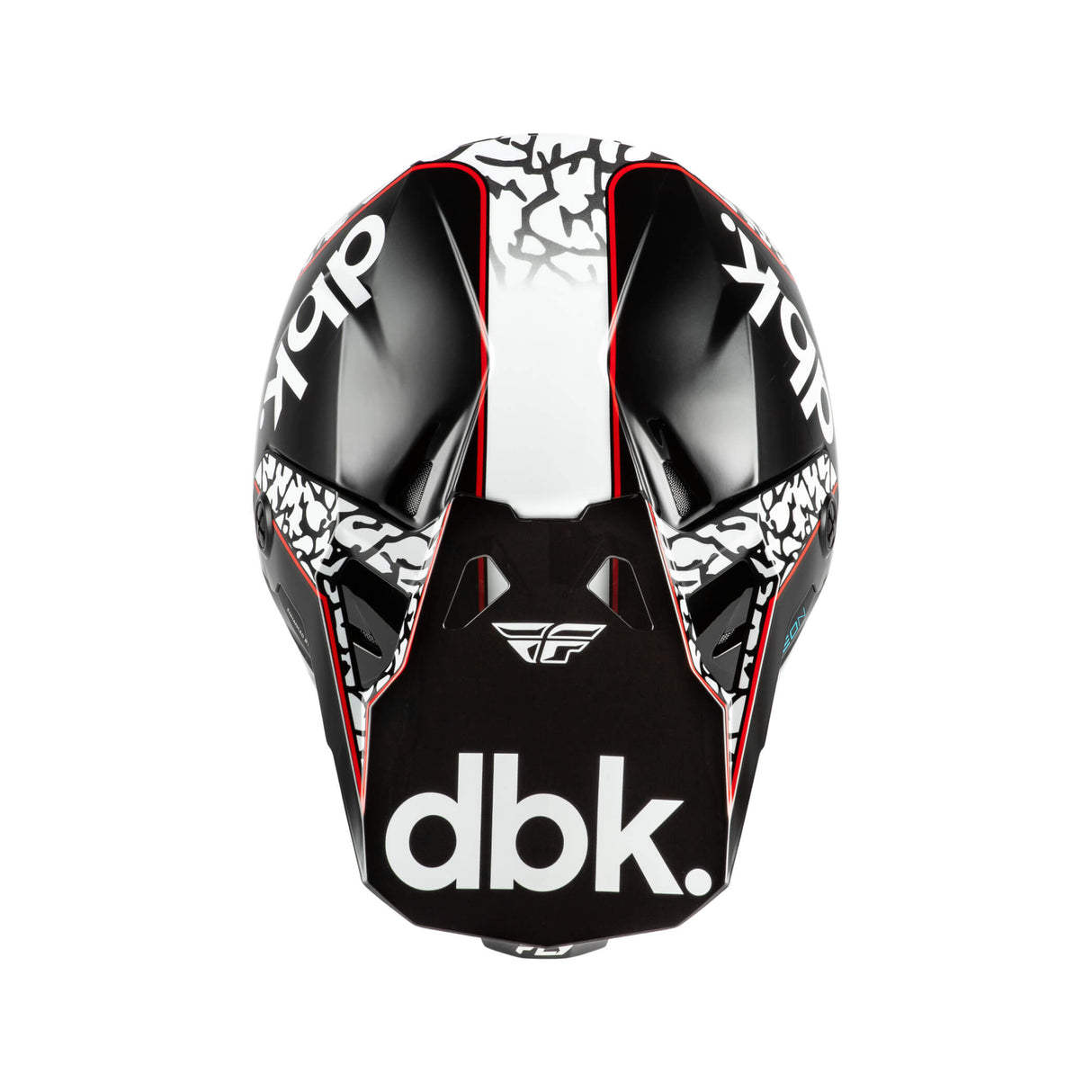 Motorcycle helmet, black and white with red outline, top view