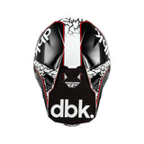 Motorcycle helmet, black and white with red outline, top view