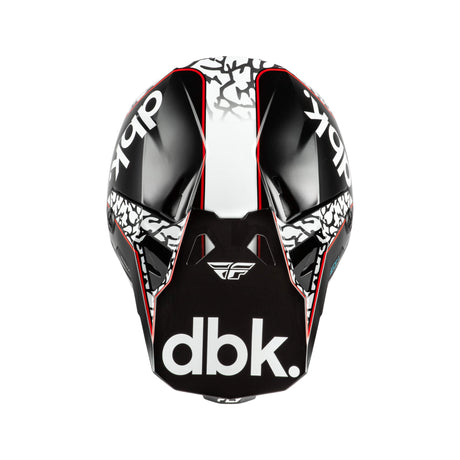 Youth motocross helmet front view with black and white graphics and red edge accents.