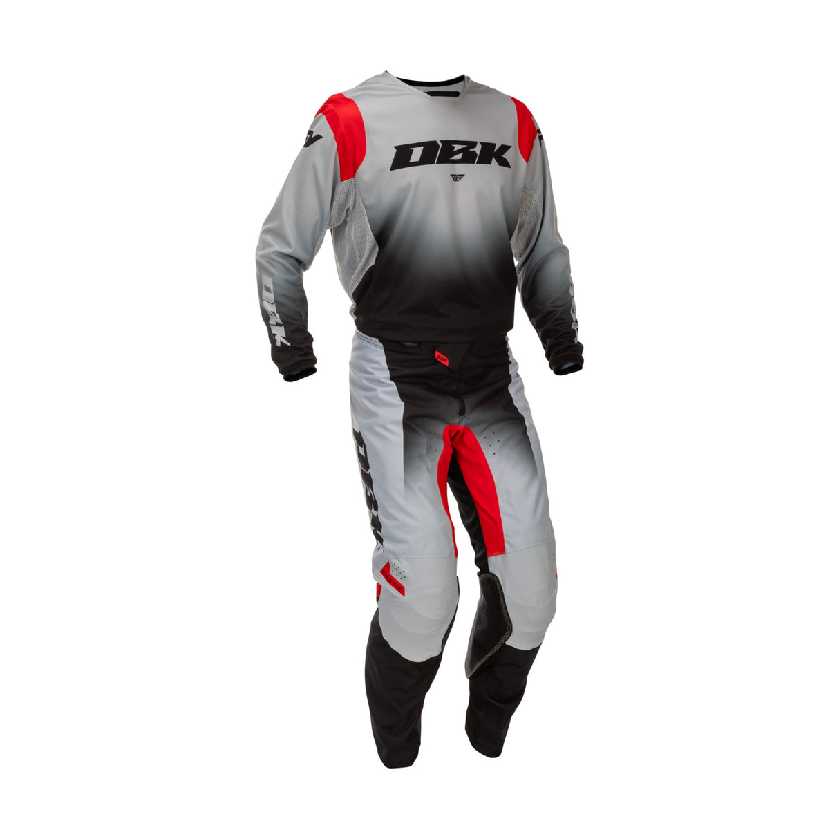 Kinetic motorcycle riding pant with white-gray panels, black lower, and red knee-side graphic