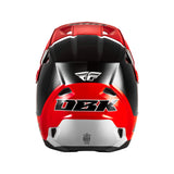 Motorcycle helmet top view, red shell with black and silver panels, vent slots