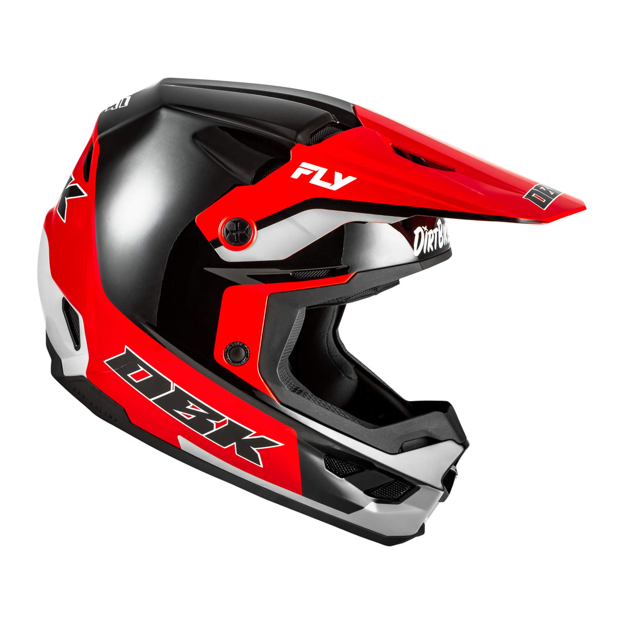 Motorcycle helmet, red top with black sides, chin bar and vent openings