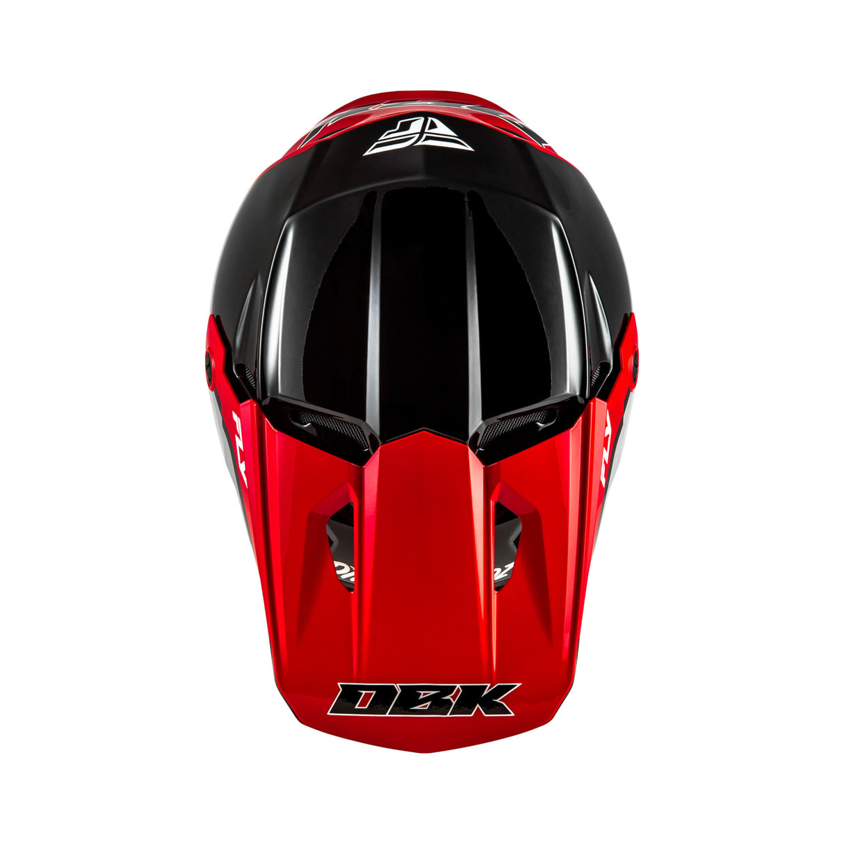 Motorcycle helmet, red and black front with clear visor area and side vents