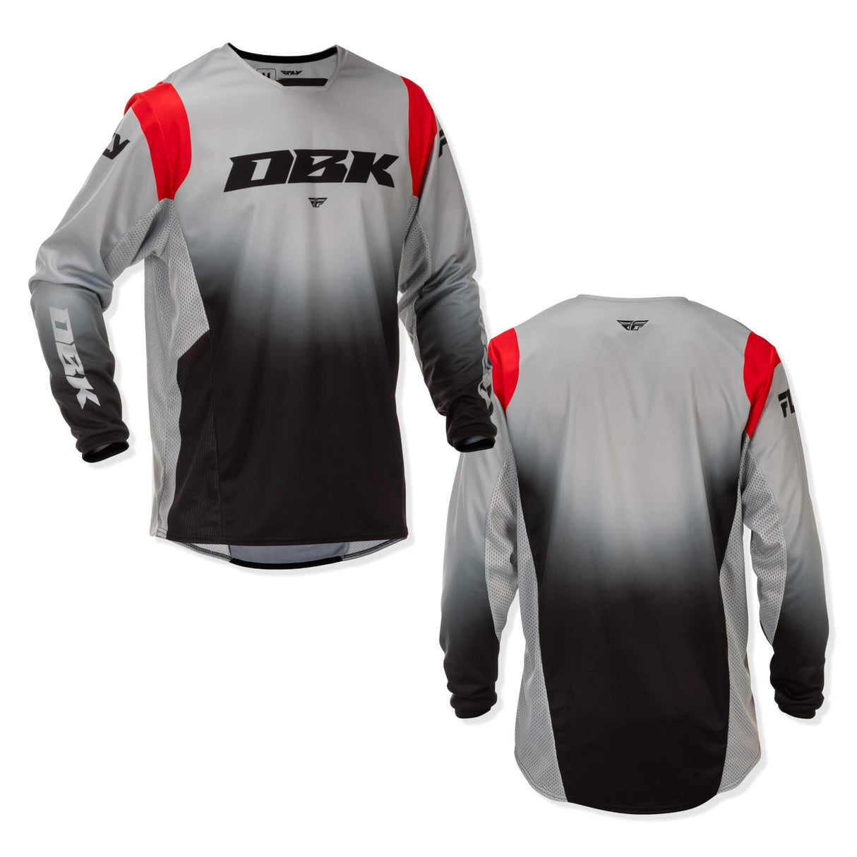 Motocross jersey showing front and back: light gray/black gradient with red shoulder and side panels
